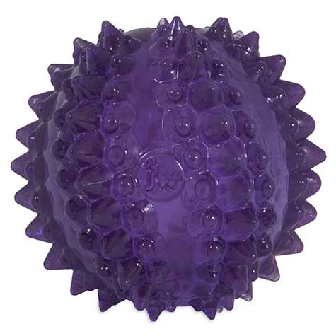 The JW Bristl-ee Cactus Ball Puppy Toy by Jw is a purple spiky rubber ball with a glossy surface, ideal for small dogs as a teething toy.