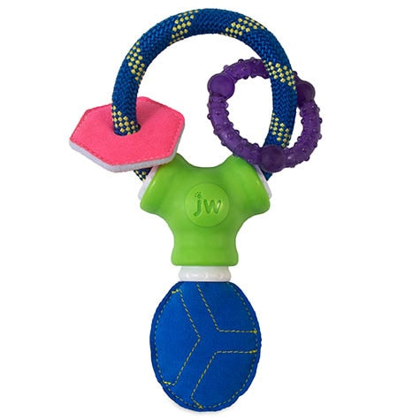 Introducing the JW Puppy Connects Soft-ee by Jw: A vibrant, durable chew toy for puppies featuring a blue and yellow rope loop, purple textured teething ring, green plastic connector, and customizable section with blue fabric, yellow stitching, and pink hexagon fabric piece.