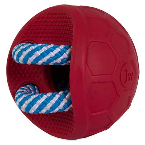 The JW Fits All Treat Ball Dog Toy by Jw is a red rubber toy with textured patterns and two blue and white ropes through the center, ideal for engaging playtime.