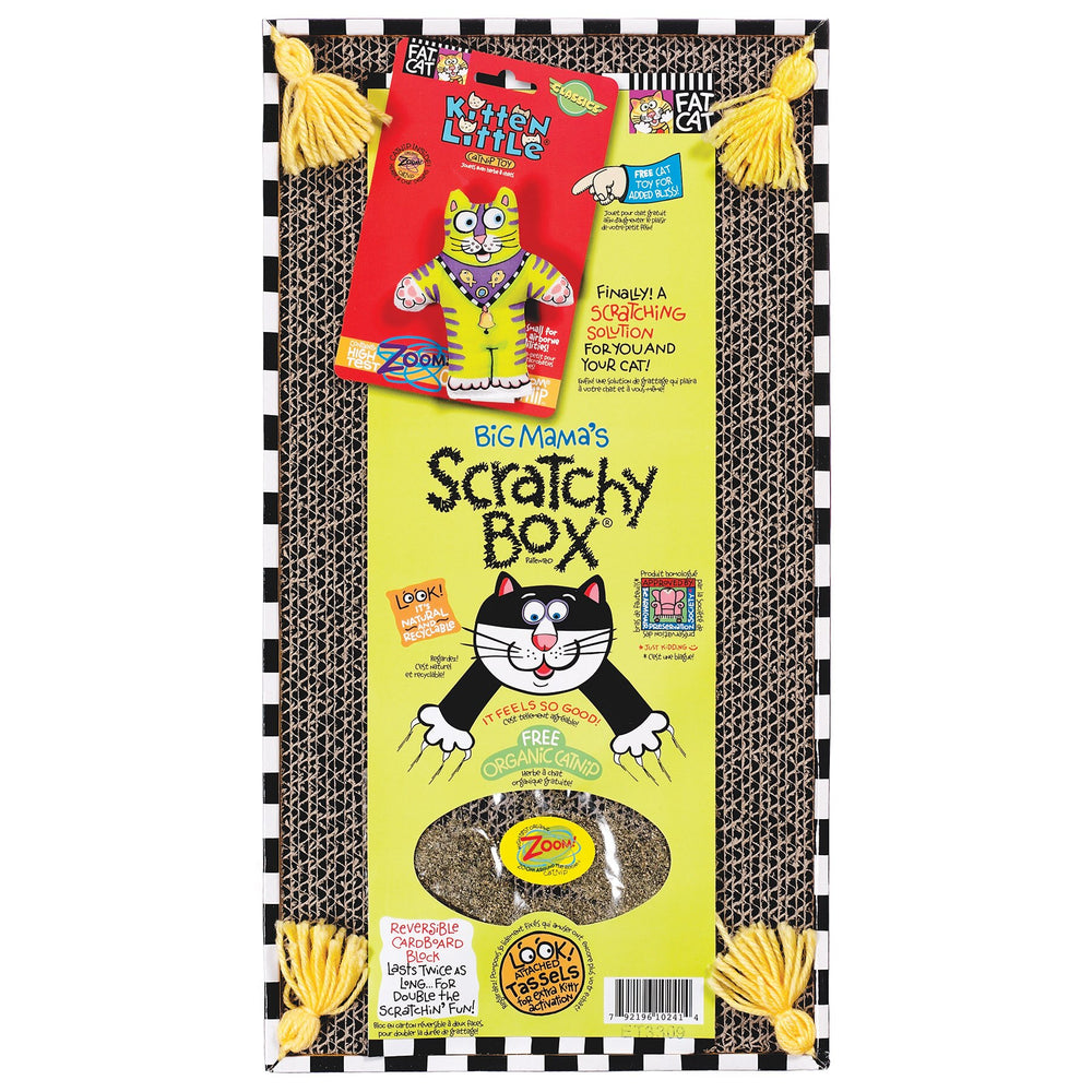 The FAT CAT Big Mamas Scratchy Box Double Wide by Fatcat is a charming eco-friendly cat scratcher featuring a cartoon cat, black and white checkered border, and yellow tassels. It includes the Kitten Little, a red toy on top filled with organic catnip.