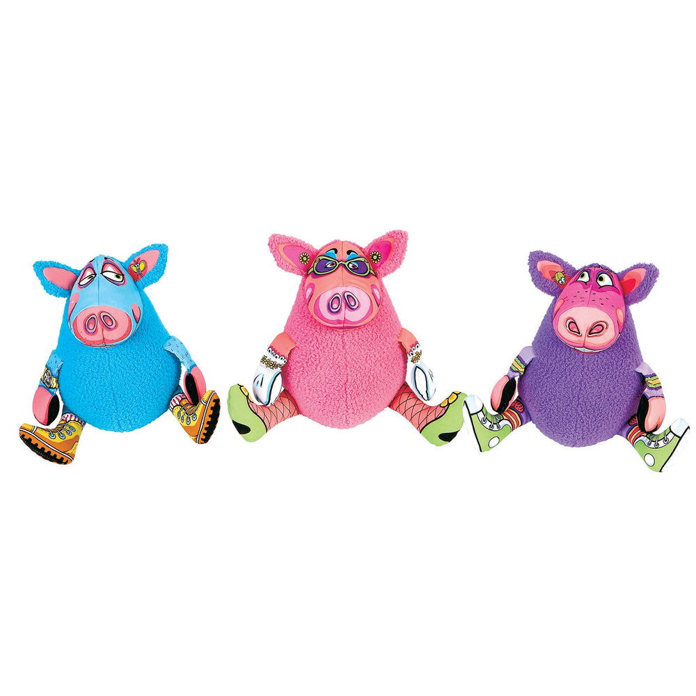 Three vibrant FAT CAT Gruntleys Mini Dog Toys by Fatcat in blue, pink, and purple feature colorful glasses and unique shoe designs in yellow, green, and multicolored patterns. They sit with stretched legs and include a playful pork-like sound device.