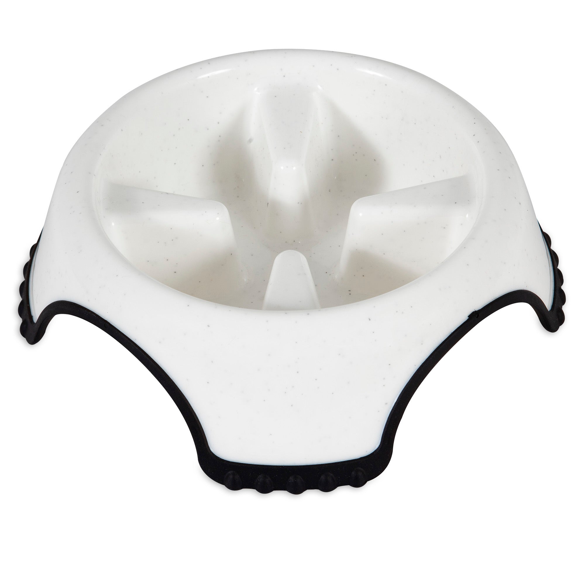 The JW Skid Stop Slow Feed Bowl from Jw is perfect for fast-eating dogs. It features a white bowl with raised dividers to pace meals, rugged black outer edges with textured grips, and a skid-stop base for stability.