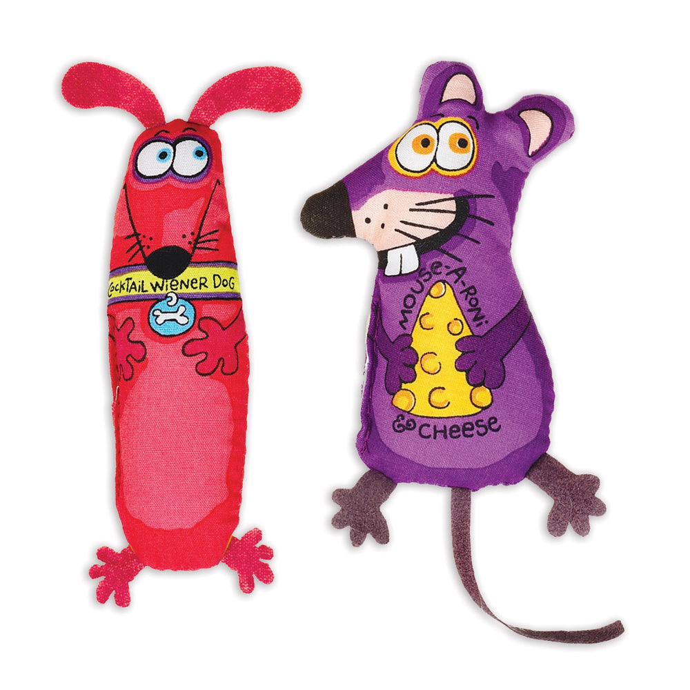 FAT CAT® Classic Appeteasers® from Fatcat: A colorful red dachshund with floppy ears and a whimsical mouse holding a cheese wedge bring airborne fun to playtime, ideal for playful cats with their humorous designs.