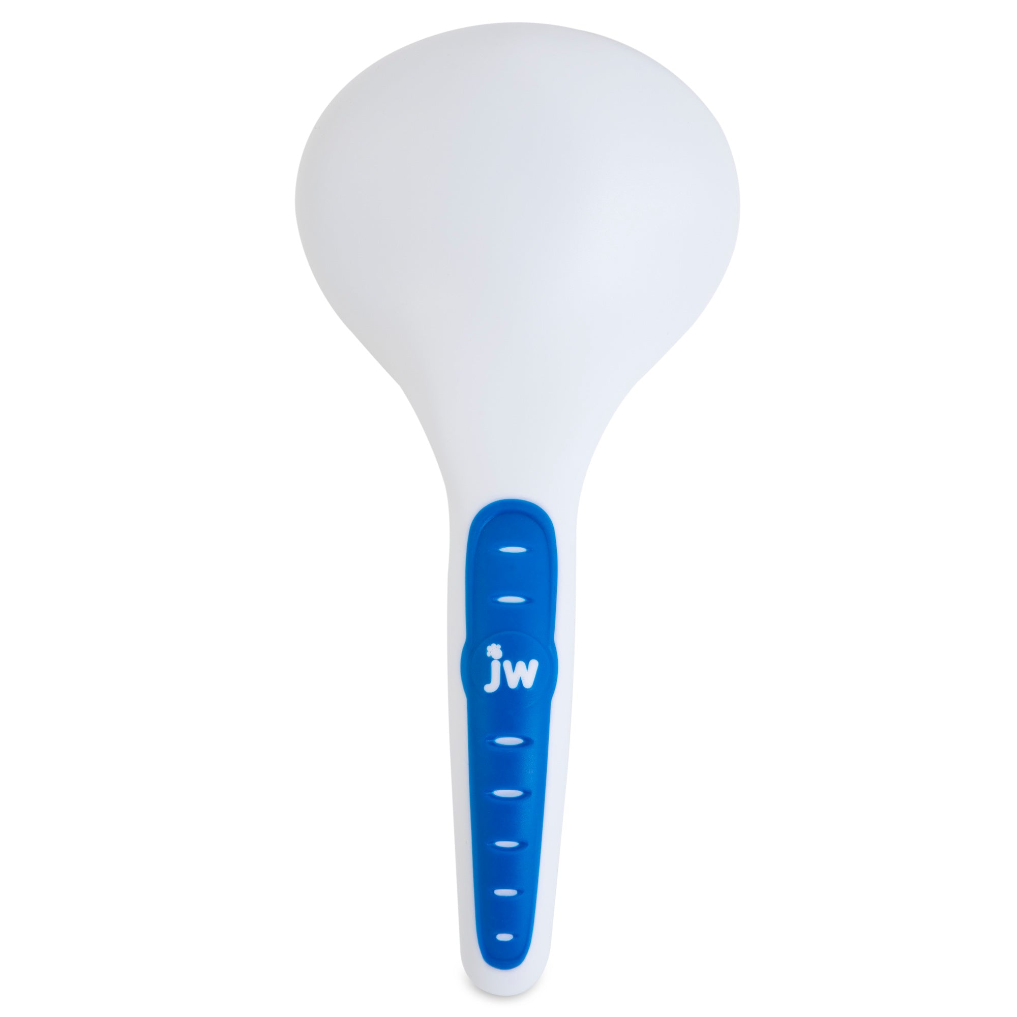 A dog toy in blue and white showcases a round top with a grooved handle, resembling the JW Gripsoft Slicker Brush With Soft Pins. It features the JW letters, combining style and practicality.