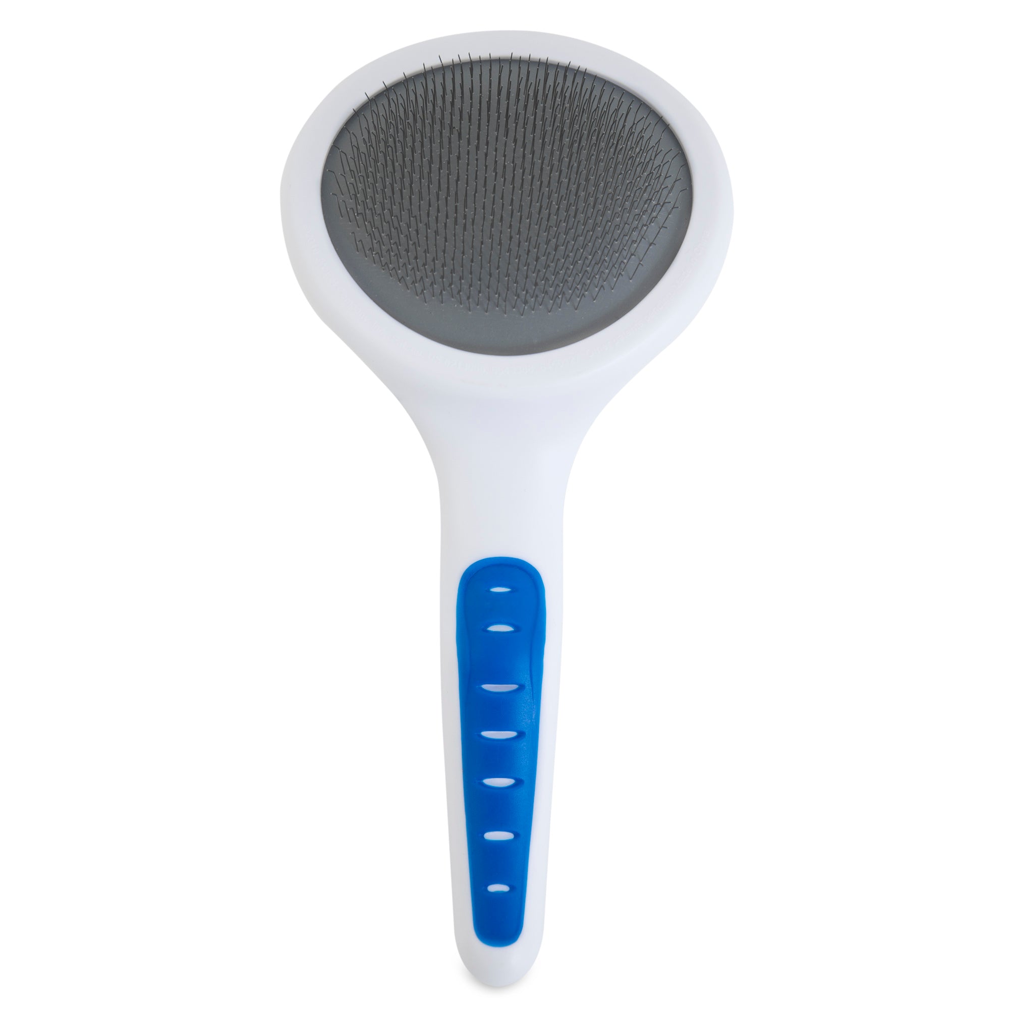 The JW Gripsoft Slicker Brush with Soft Pins by Jw offers a sleek, ergonomic design featuring a white handle with a blue rubber grip and soft pins on a large oval head with grey metal bristles for an effective grooming experience.