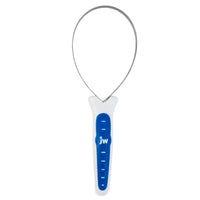 The JW Gripsoft Shedding Blade by Jw is a grooming tool with an ergonomic blue and white rubber grip handle and a metal loop shedding blade, marked with jw for comfort and efficiency.
