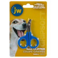 The image features a package of JW Gripsoft Small Nail Clipper, highlighting the innovative Gripsoft Technology. The yellow packaging with blue and white text and a happy dog contains small clippers with blue handles, ideal for pet grooming. Brand: JW.