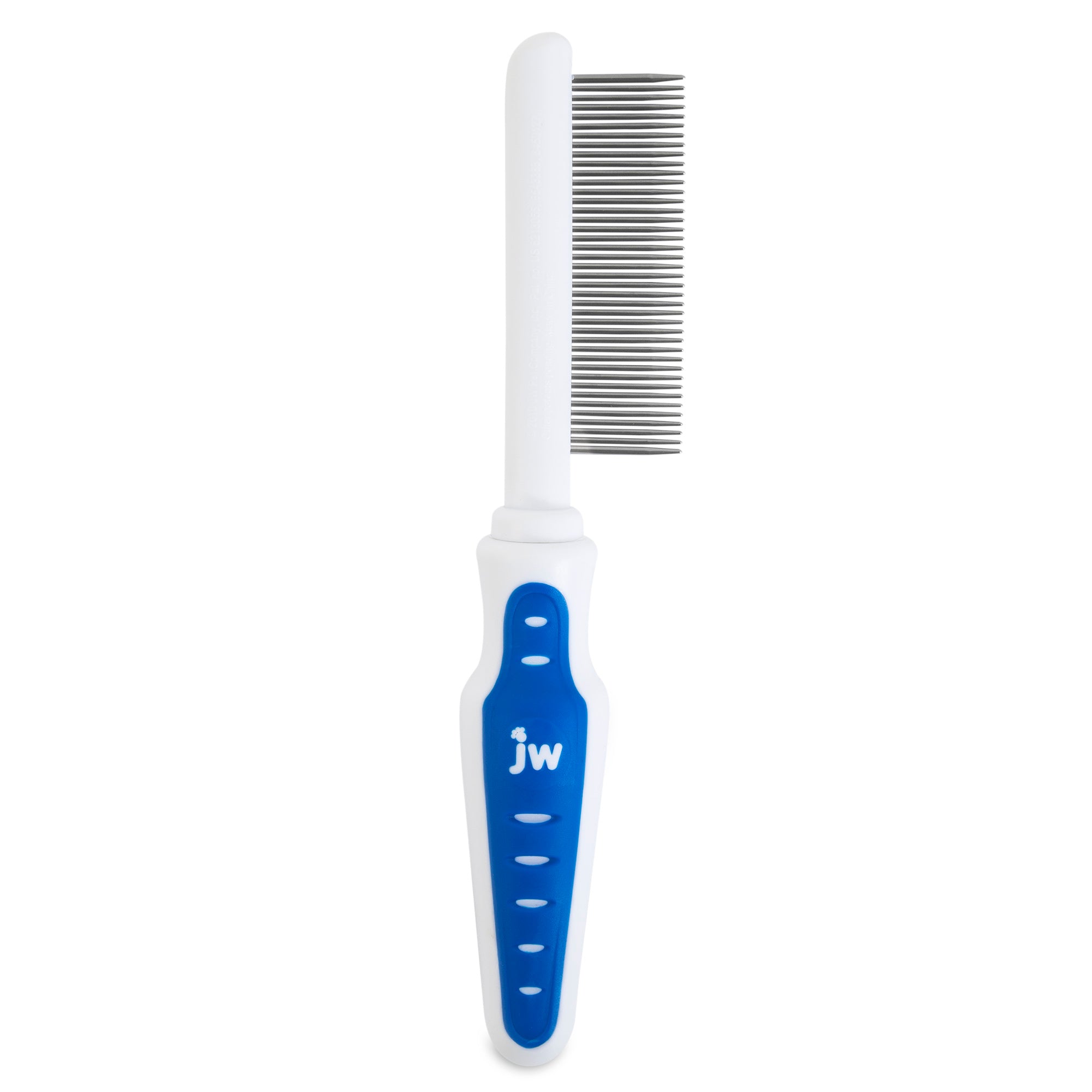 The JW Gripsoft Fine Tooth Comb is a white flea comb with a blue handle featuring JW and small grip indents. The metal teeth are tightly spaced, and the non-slip grip ensures effective grooming for pets.