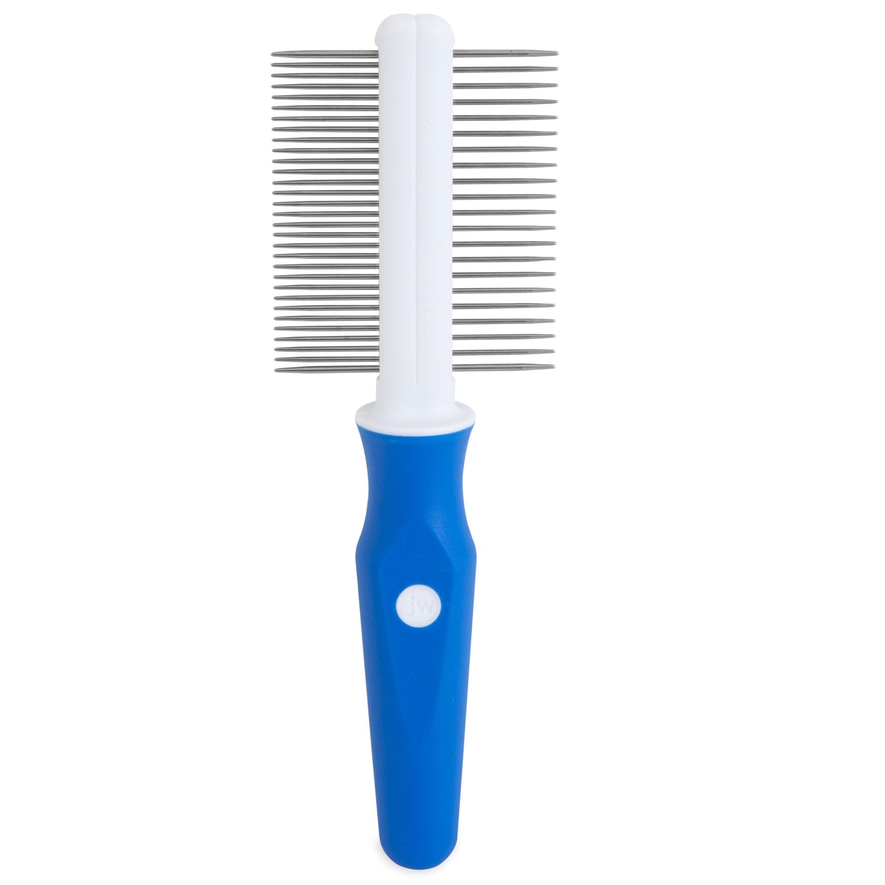Presenting the JW Gripsoft Double Sided Comb by Jw, featuring a blue handle for pet comfort and dual metal teeth rows—dense on one side, widely spaced on the other—perfect for smoothing matted fur and keeping your pet’s coat well-groomed.