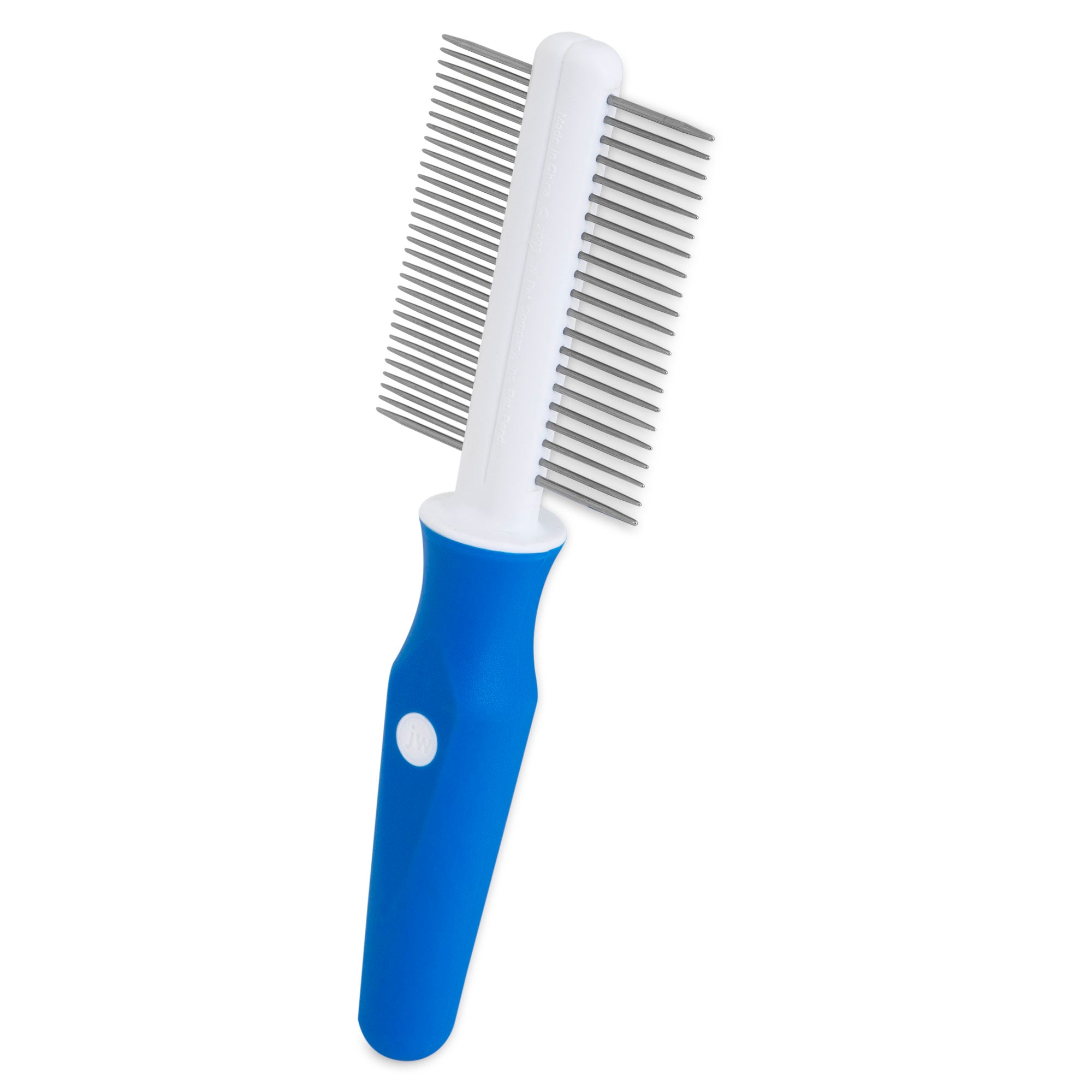 Discover the JW Gripsoft Double Sided Comb by Jw, designed for pet comfort with a blue ergonomic handle and white base. One side has tightly spaced teeth for fine grooming, while the other uses wider teeth to tackle matted fur, ensuring a pleasant grooming experience.