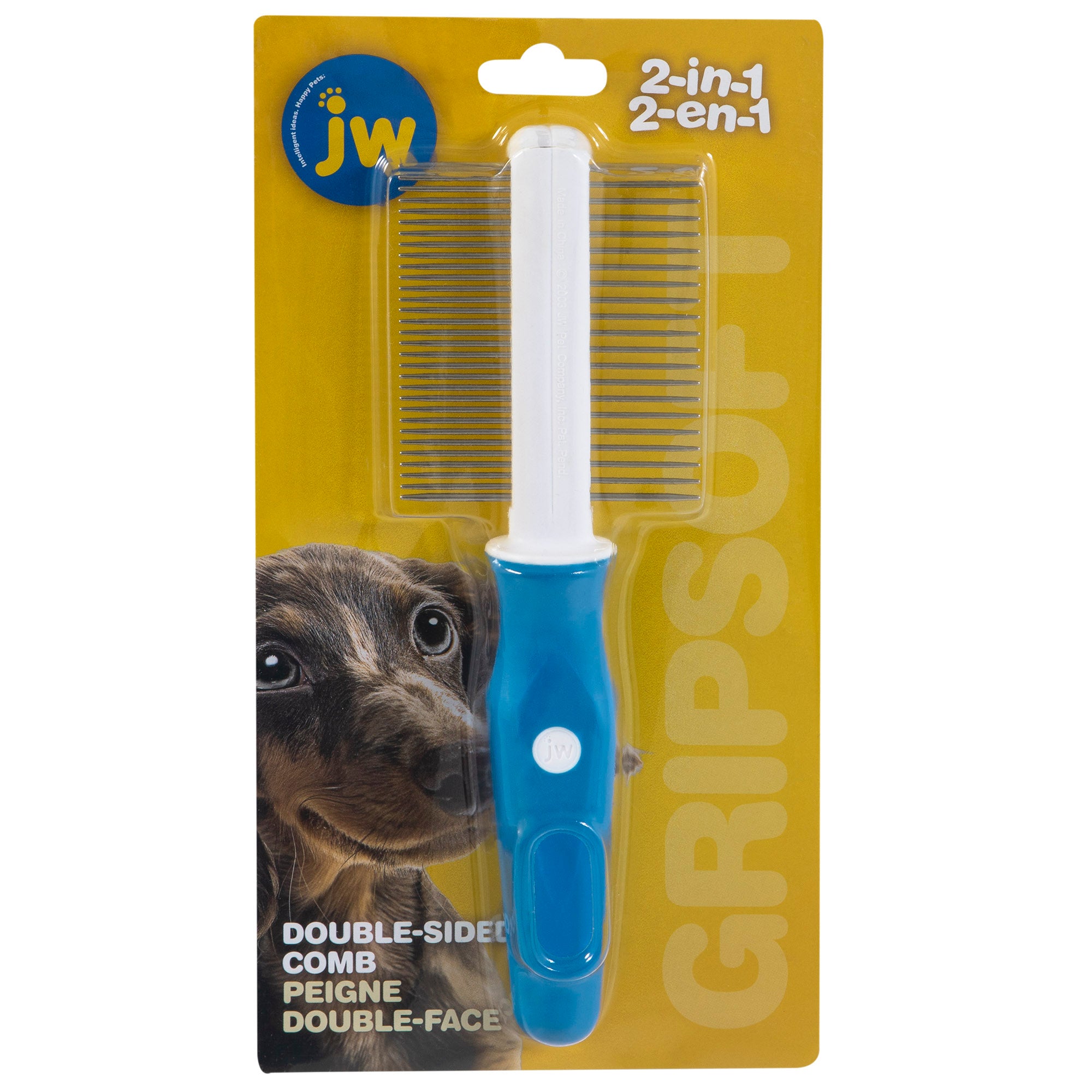 The JW Gripsoft Double Sided Comb packaging highlights a blue-handled comb for matted fur and pet comfort. Featuring dual sides and an image of a happy dog, it ensures easy grooming for your furry friend.