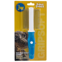 The JW Gripsoft Double Sided Comb packaging highlights a blue-handled comb for matted fur and pet comfort. Featuring dual sides and an image of a happy dog, it ensures easy grooming for your furry friend.
