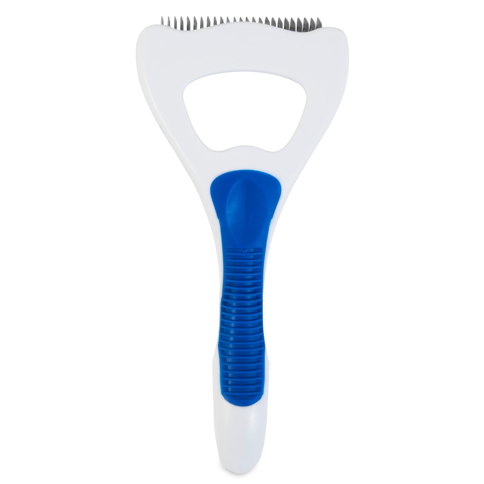 Discover the JW Gripsoft Dog Deshedding Tool by JW, featuring a white handle with a blue rubber grip enhanced by GripSoft technology and a row of short, closely spaced metal bristles ideal for efficient dog deshedding.