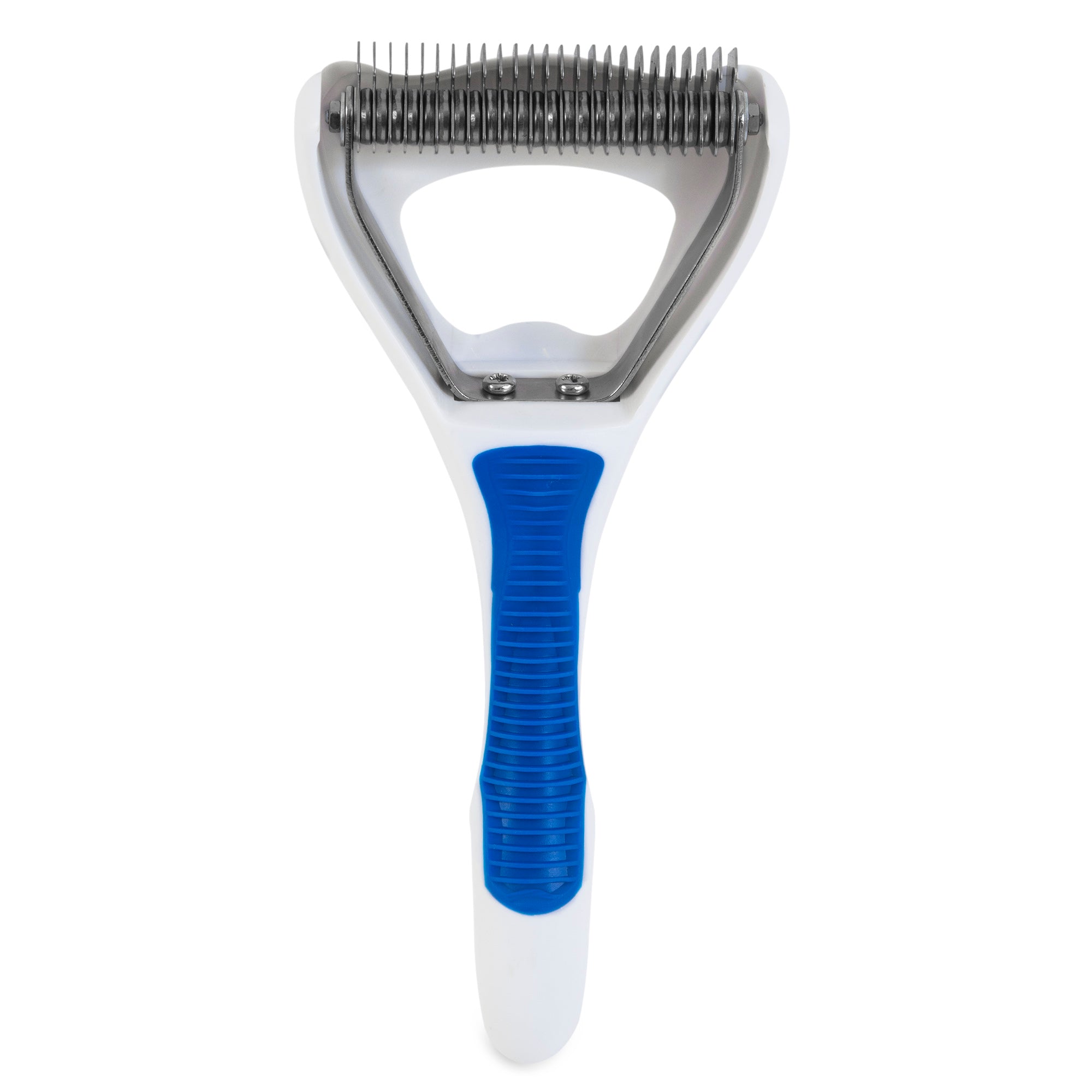 The JW Gripsoft Dog Deshedding Tool by Jw features a blue and white handle, GripSoft technology for easy handling, and stainless steel blades with closely spaced teeth to effectively remove loose fur from pets.
