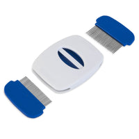 The JW Gripsoft Flea & Fine Comb by Jw is a white lice comb with a central handle and detachable sections. It features closely spaced stainless steel tines for removing lice and nits, with blue-tipped sections for effective grooming.