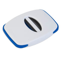 The JW Gripsoft Flea & Fine Comb features a rectangular white design with a central slot housing fine stainless steel tines for effective lice and nit removal. Its blue edges offer grip and stylish contrast against the white body.