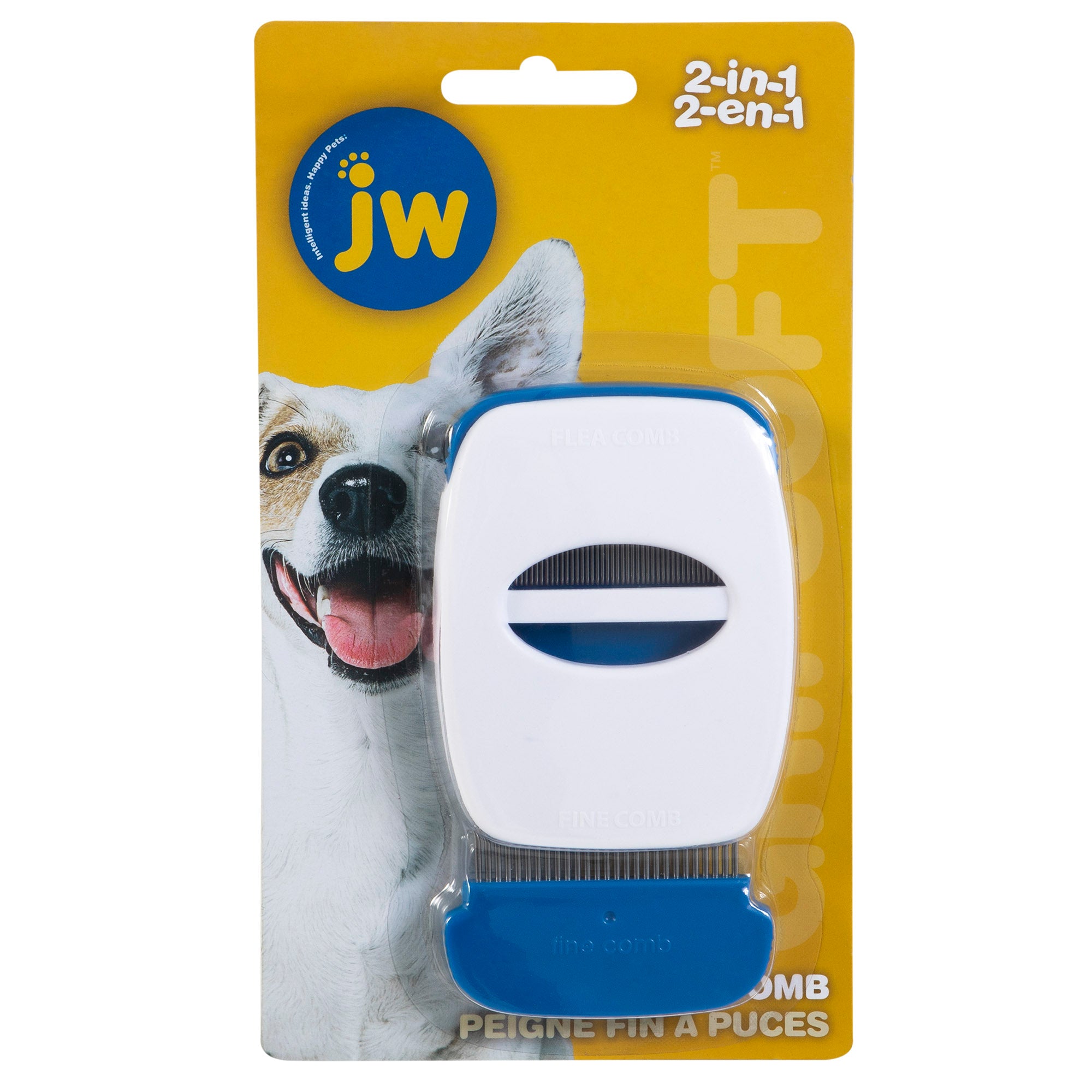 The JW Gripsoft Flea & Fine Comb packaging showcases a playful dog with its tongue out. The tool has a white handle, blue base with stainless steel tines visible through the plastic cover, set against a yellow background with blue accents and text.