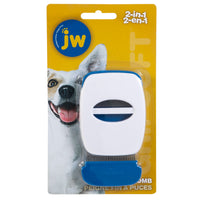 The JW Gripsoft Flea & Fine Comb packaging showcases a playful dog with its tongue out. The tool has a white handle, blue base with stainless steel tines visible through the plastic cover, set against a yellow background with blue accents and text.