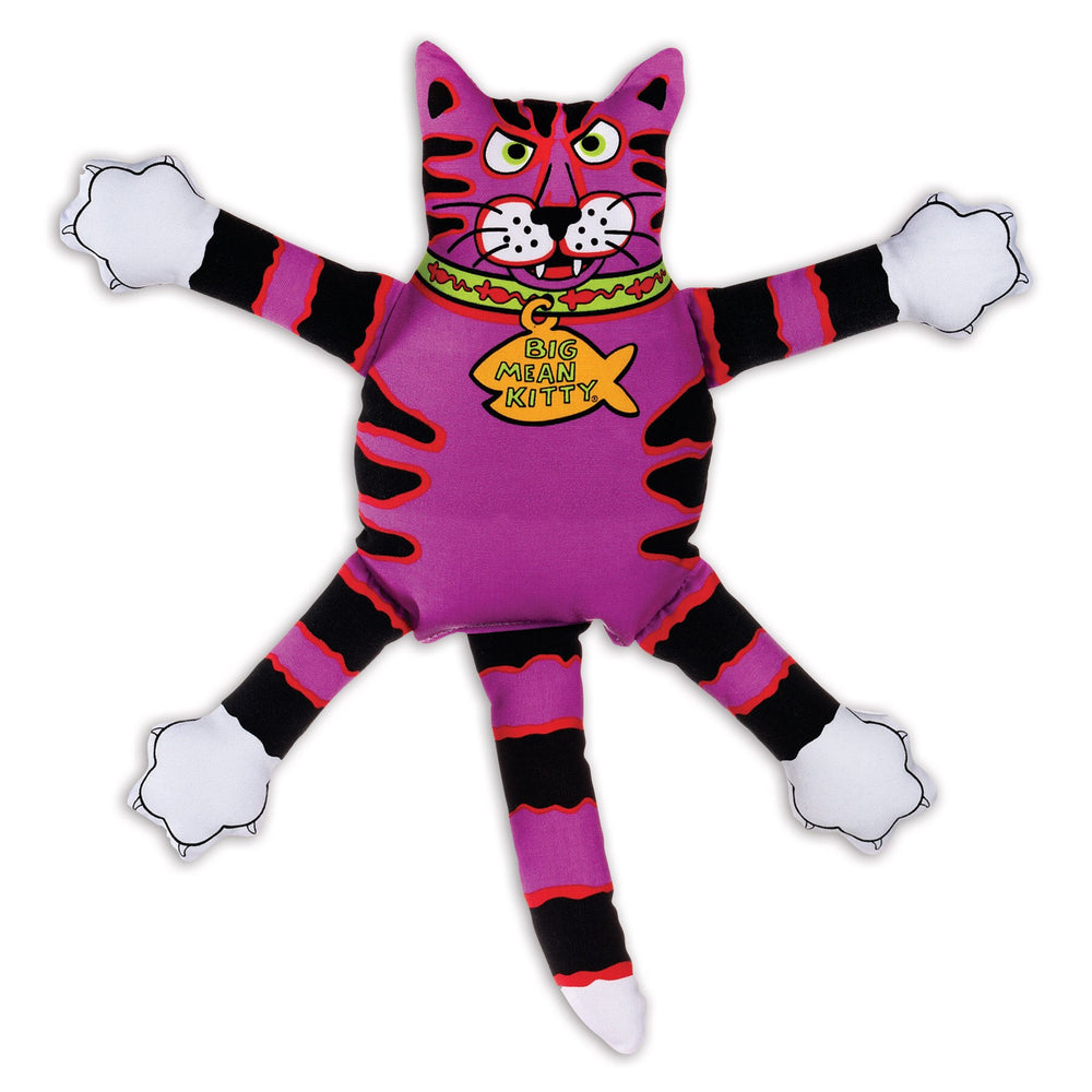 The FAT CAT® Terrible Nasty Scaries Dog Toy from Fatcat is a plush grumpy-faced striped cat with outstretched legs. Its made of durable canvas, adorned with a Big Mean Kitty shirt featuring a fishbone graphic, and includes a squeaker inside.