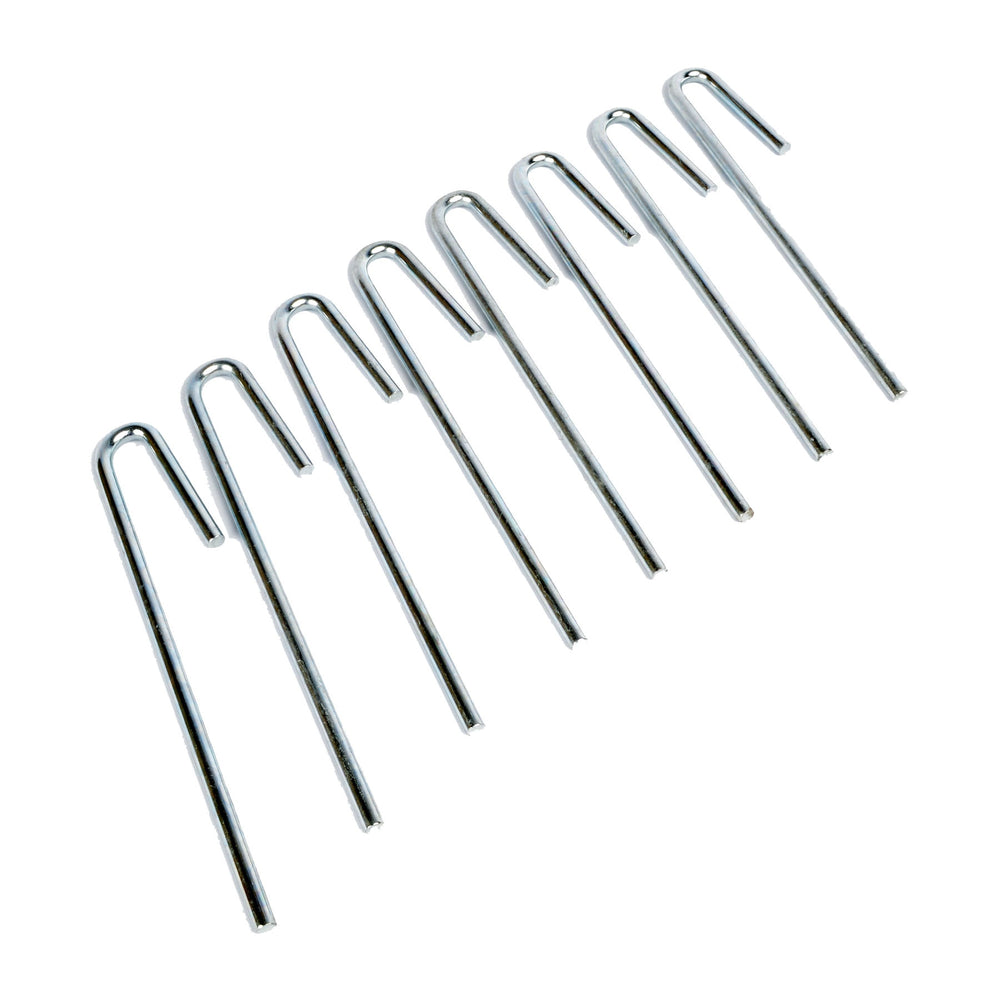 Nine Precision Pet Exercise Pen Ground Stakes from Precision Pet Products are displayed in a row on a white background. These U-shaped stainless steel stakes have long shafts and curved tops for securely anchoring tents or tarps into the ground.