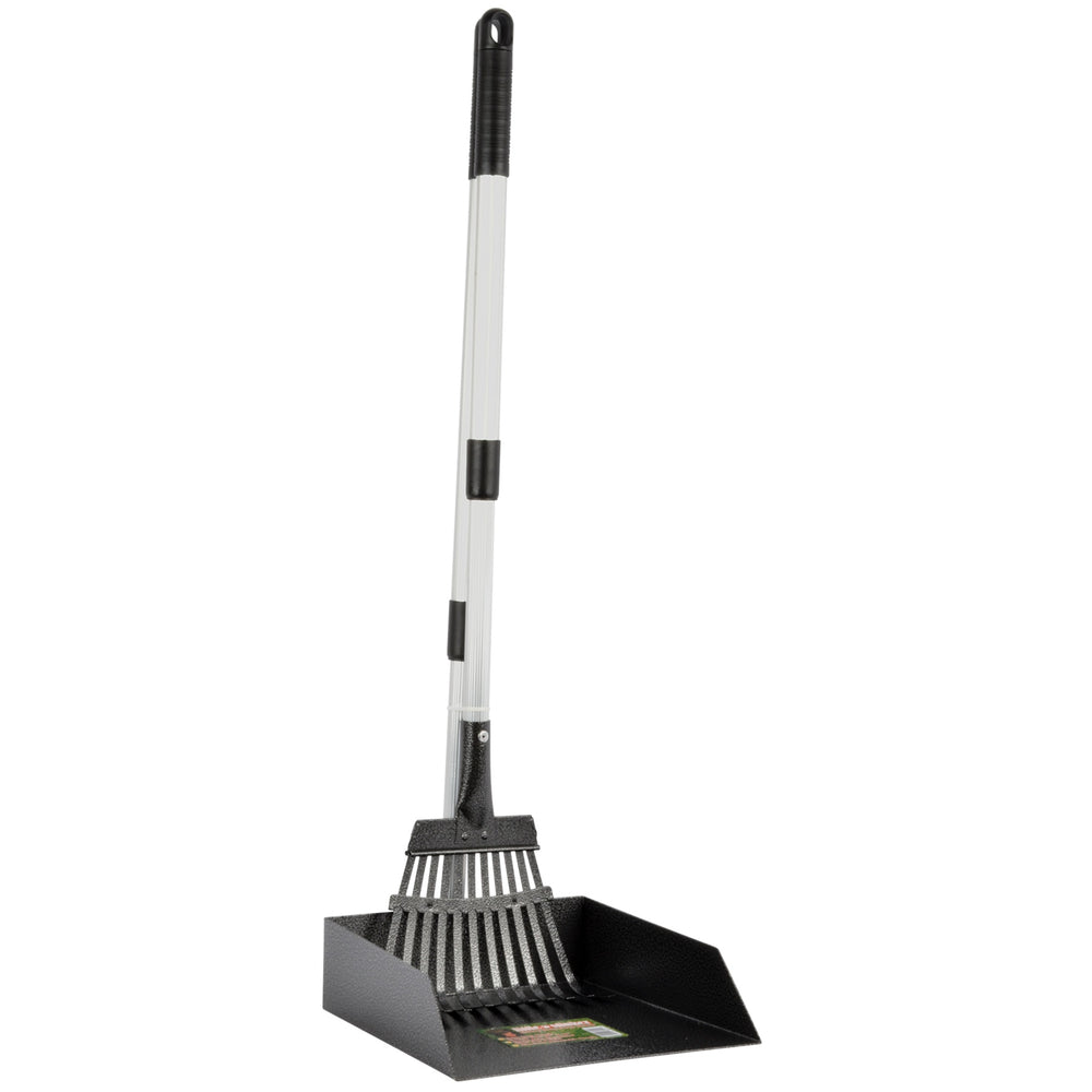 The Precision Pet Little Stinker Poop Scoop with Rake by Precision Pet Products is a black upright rake with a telescoping white handle and black grip. It features an integrated dustpan for easy waste removal, offering comfort and durability as the ideal heavy-duty pooper scooper for any yard.