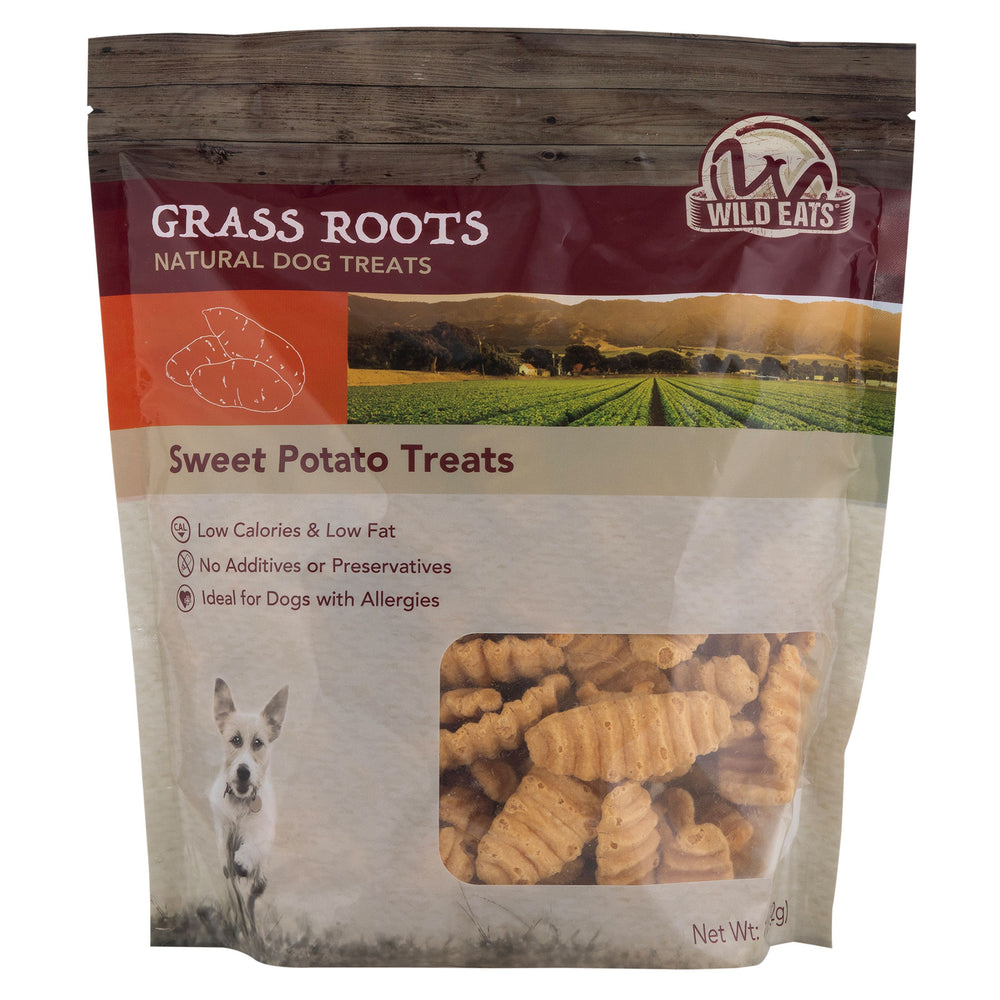 The Wild Eats Sweet Potato Treats by Wild Eats are natural dog treats featuring dietary fiber, low calories, and no additives. A transparent window reveals the treats inside, ideal for dogs with allergies, making them perfect for a low-calorie canine diet.
