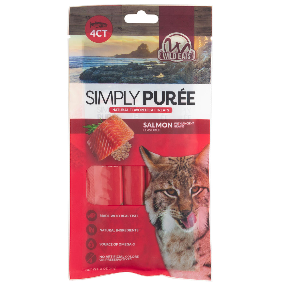 The Wild Eats Simply Puree Salmon Cat Treat delights cats with real fish and natural ingredients. Its red pack, featuring a lynx, salmon fillet, and ocean cliffs, ensures optimal hydration and provides a rich source of Omega-3.