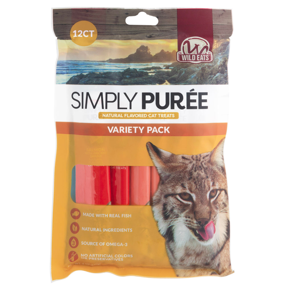 Packaging for Wild Eats Simply Puree Variety Pack cat treats showcases a cat image and highlights benefits: made with real fish, contains Omega-3 for hydration, and free from artificial colors or preservatives. This variety pack includes twelve natural pet food treats by Wild Eats.