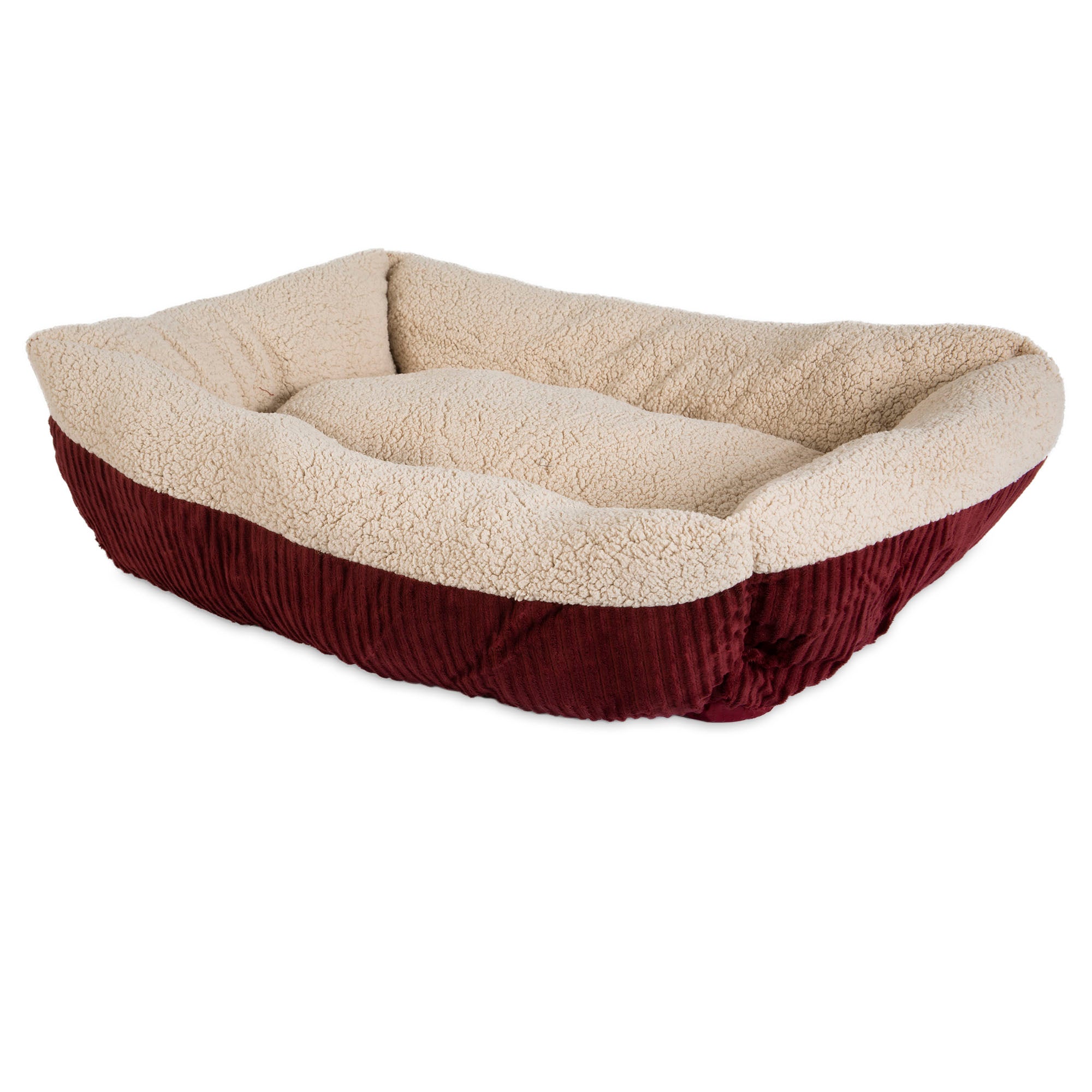 Aspen Pets Self-Warming Bolster Mat features a plush beige Mylar interior and textured burgundy exterior, designed for comfort with cushioned edges. Its an ideal addition to kennel mats.