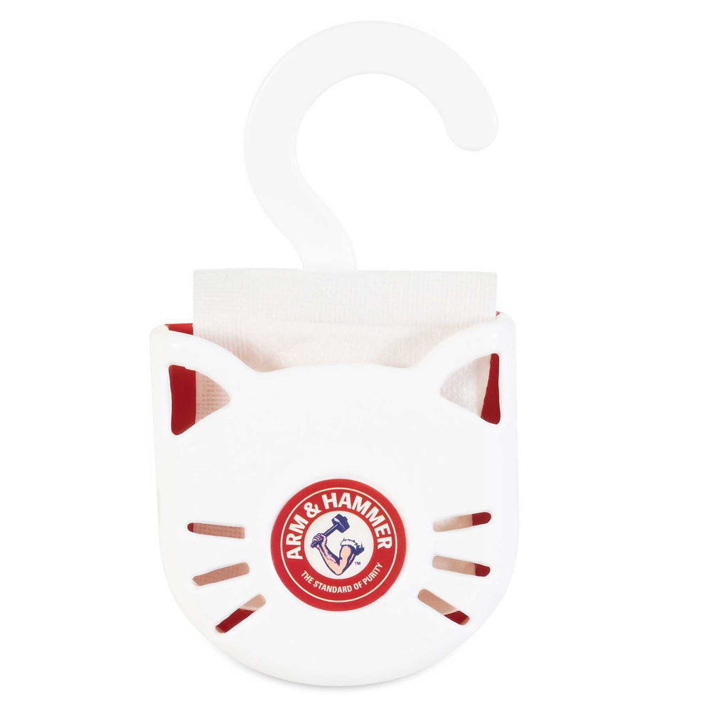 The Arm & Hammer Purifying Pak Cat Litter Deodorizer comes in a white cat-shaped holder with side slits for ultimate odor protection. It features a top hook for easy attachment and displays the iconic red and white Arm And Hammer logo.