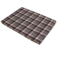 The Aspen Pet Small Plaid Orthopedic Bed offers a comfy rectangular cushion in a brown, black, and white plaid pattern. Featuring a removable cover and egg-crate foam, its perfect for pets or as a seat pad.