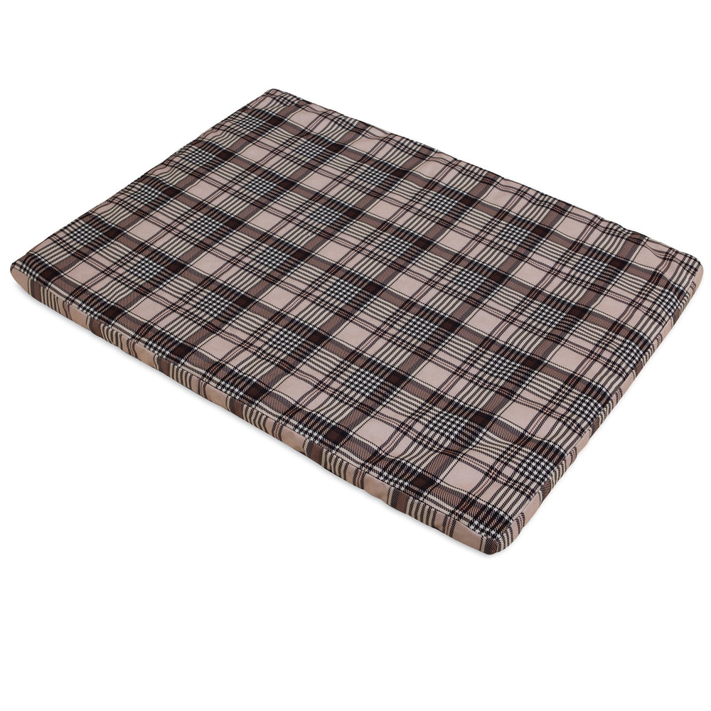 The Aspen Pet Small Plaid Orthopedic Bed offers a comfy rectangular cushion in a brown, black, and white plaid pattern. Featuring a removable cover and egg-crate foam, its perfect for pets or as a seat pad.