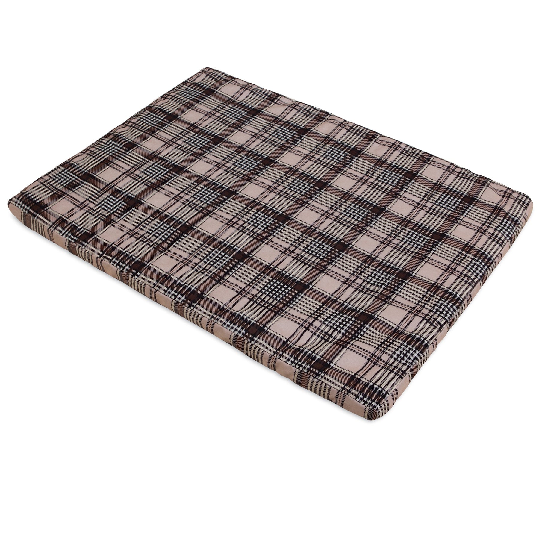 The Aspen Pet Small Plaid Orthopedic Bed offers a comfy rectangular cushion in a brown, black, and white plaid pattern. Featuring a removable cover and egg-crate foam, its perfect for pets or as a seat pad.