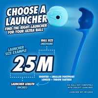 Image of a blue ball and launcher reads: Select Your Launcher. Find the Perfect Fit for Your Ultra Ball. Features a 25-inch model. Shorter launchers are compact, longer ones throw farther. Perfect for Chuckit! The Whistler Dog Toy fans who love high-bouncing fetch games.