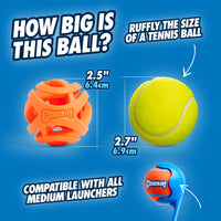 A striking image highlights two Chuckit! balls measurements–the orange ball and the tennis ball are 2.5 inches (6.4 cm) and 2.7 inches (6.9 cm), respectively, both suitable for all medium launchers. The blue background enhances the high-performance design of these durable Chuckit! Air Fetch Balls.
