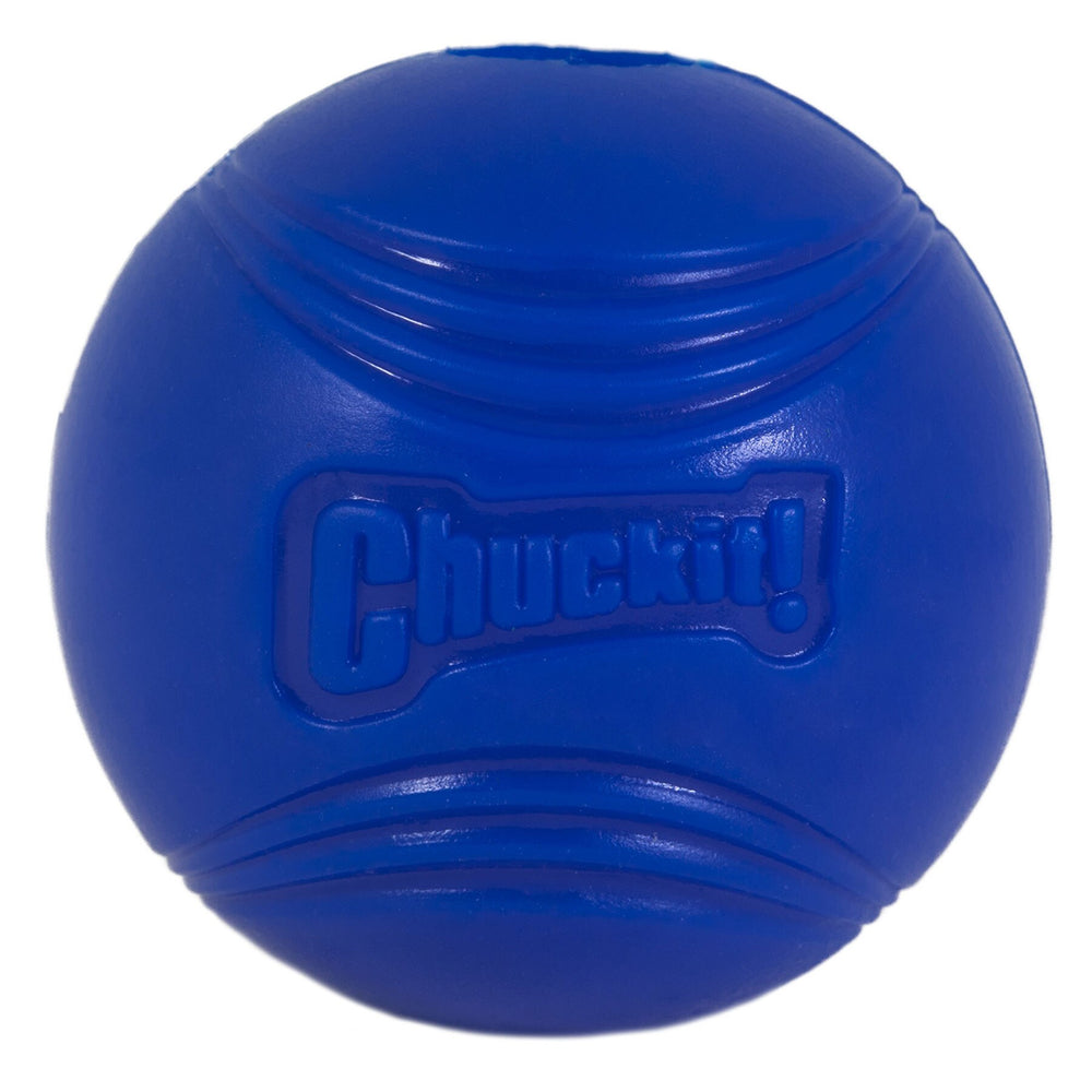 The Chuckit! Super Crunch Ball by Chuckit is a blue rubber toy with a Chuckit! logo and curved indents for grip. Made from durable TPR, it produces a crackling sound to engage pets during playtime.
