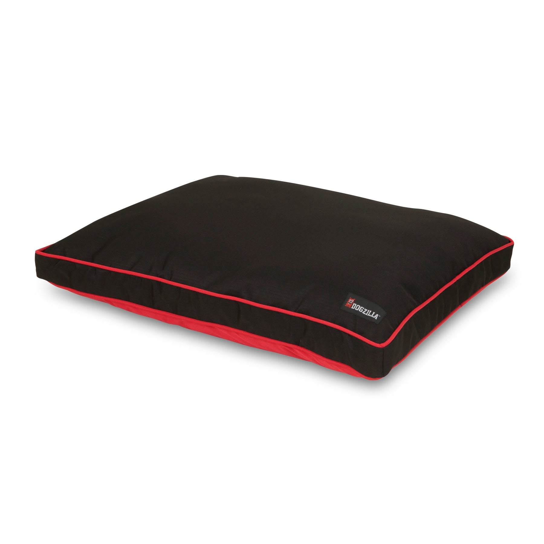 The Dogzilla Gusset Dog Bed features a sleek black rectangle design with red trim and a subtle logo. Made from durable Rip-Stop fabric, it offers slightly raised edges for comfort, ideal for large-sized dogs.