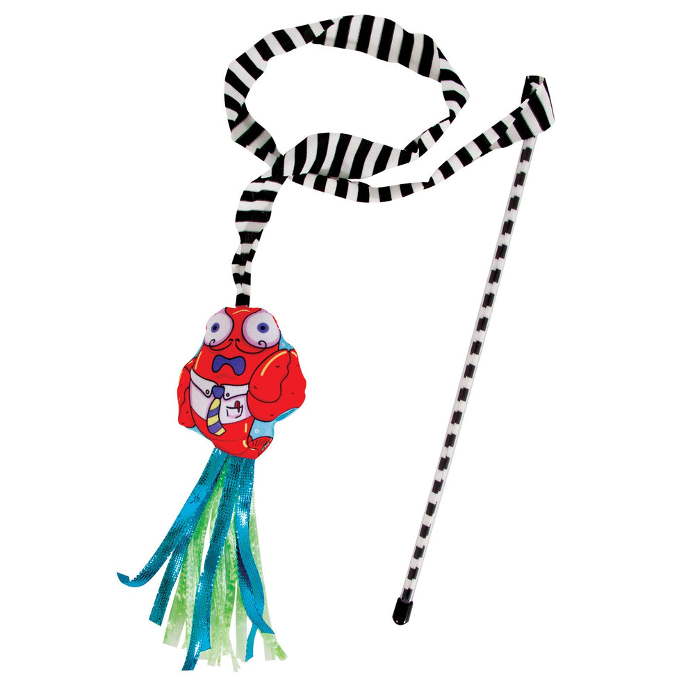 Introducing the FAT CAT Catfisher Teasers - Crawdaddy Wand by Fatcat, featuring a striped wand with a plush red crab and googly eyes. Colorful blue and green ribbons add enticing movement, capturing your cats attention and sparking joy with every playful swat.