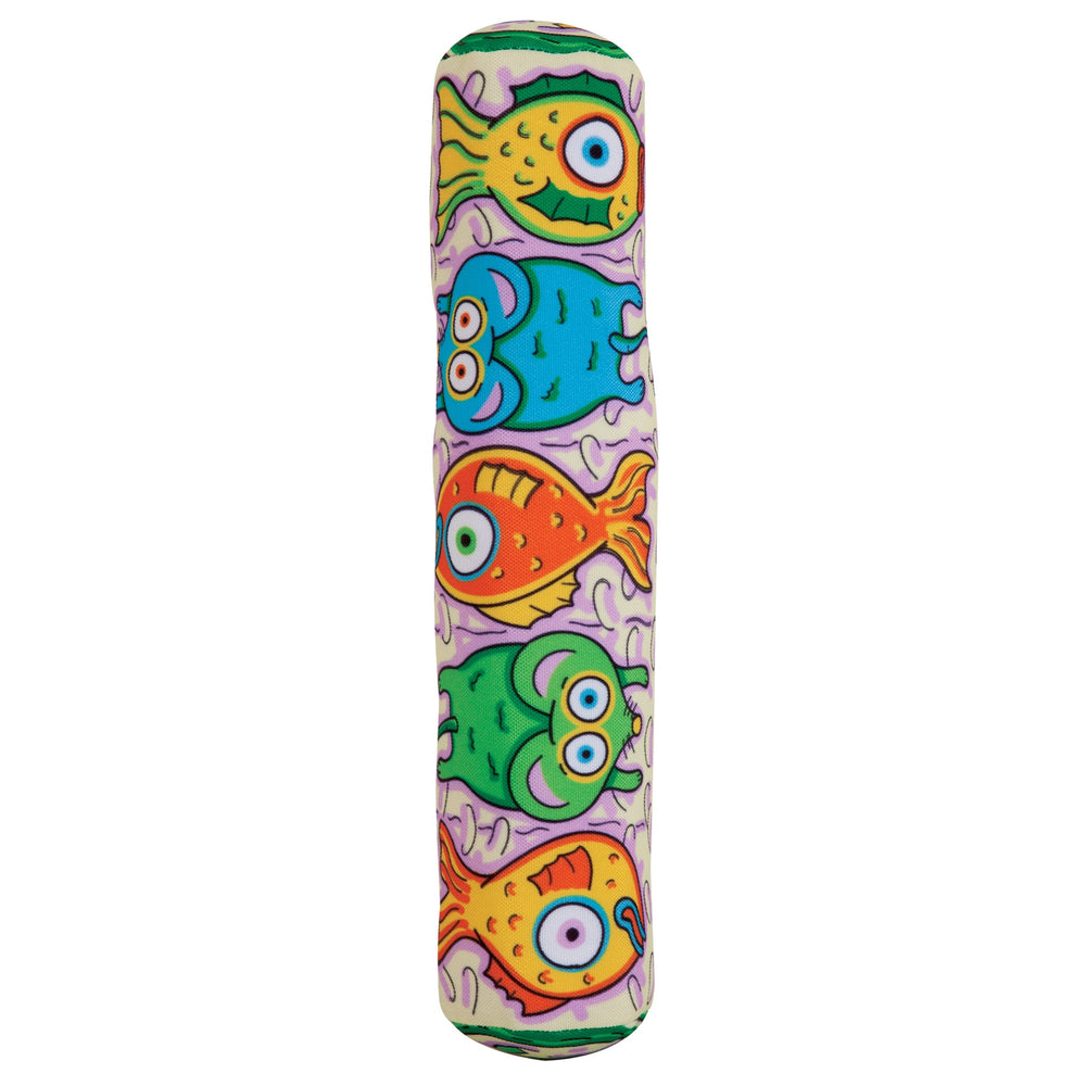 Discover the FAT CAT Kitty Kickz Gold Fish Roll Cat Toy by Fatcat, a vibrant cylinder featuring cartoonish fish designs in orange, blue, and green on a light background. Infused with organic catnip, these playful fish are perfect for endless feline fun.