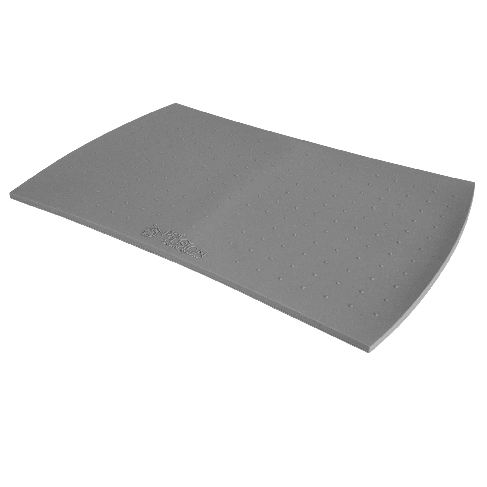 The PetFusion Pet Food Mat in Premium Silicone is a rectangular, subtly curved gray mat crafted from FDA-grade silicone. It features a dotted texture with Guardian embossed on it and includes anti-slip bumps for added stability, offering a smooth, minimalist design thats also waterproof.