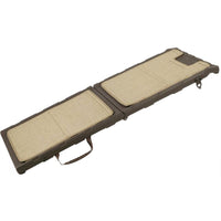 The Gen7Pets Indoor Carpet Mini Ramp by Gen7 is a foldable pet ramp with a brown frame and tan fabric surface. Ideal for small dogs, it features two sections and a handle for easy carrying, helping pets reach higher surfaces effortlessly.