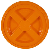 The Gamma2 GAMMA Seal Lid is an orange, round BPA-free HDPE plastic lid with an X-shaped design. It features embossed Open and Close labels with arrows for direction. This lid ensures an airtight seal to keep contents fresh.