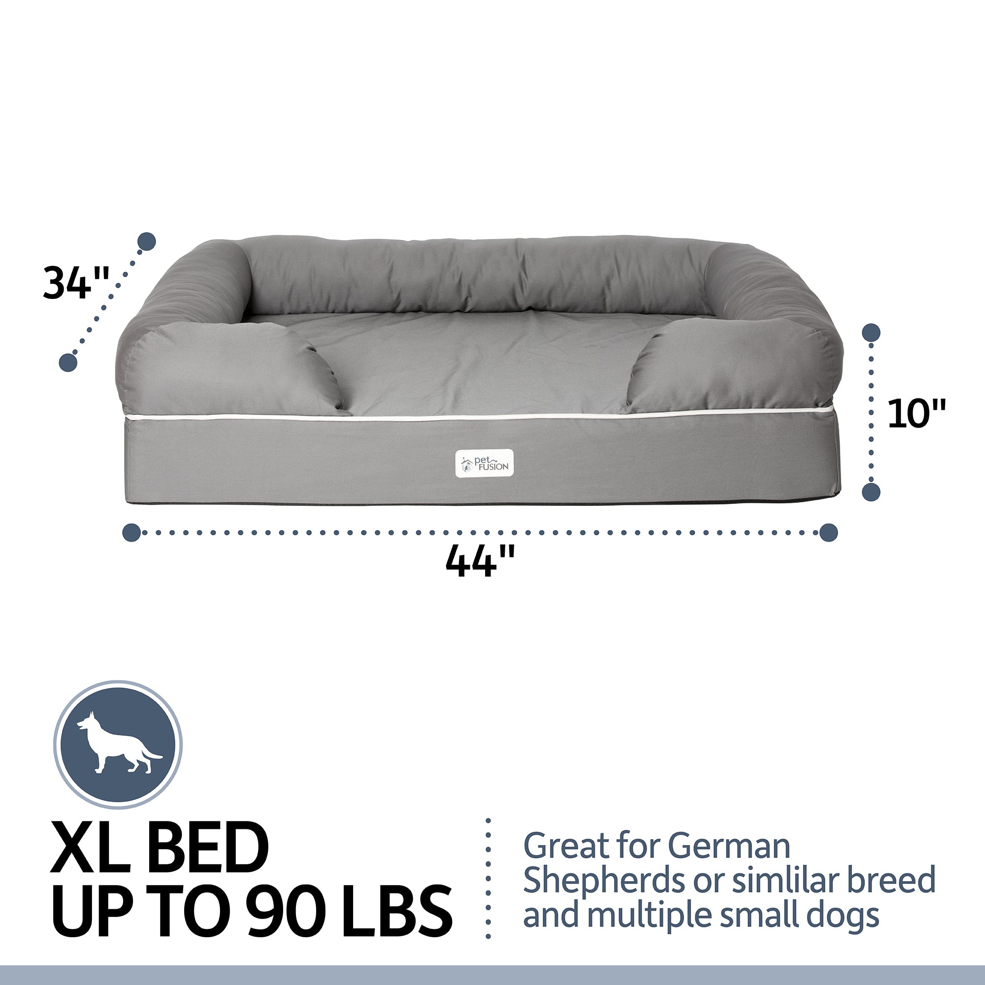 The PetFusion Ultimate Dog Bed With Memory Foam by Petfusion, in gray XL, measures 44 x 34 x 10, and is ideal for dogs up to 90 lbs, like German Shepherds or multiple small pups. Designed for joint pain relief, it features a soft border for comfort and anxiety support.