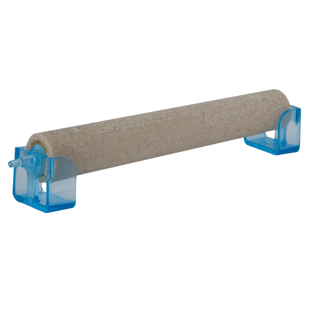 The JW Anchorstone Airstone Aquarium Bubbler by Jw is a sandy-textured bird perch with blue plastic mounts, offering a cylindrical surface that doubles as an oxygen source like an aquarium bubbler. It provides birds with a textured grip and claw-filing spot, perfect for bird cages.