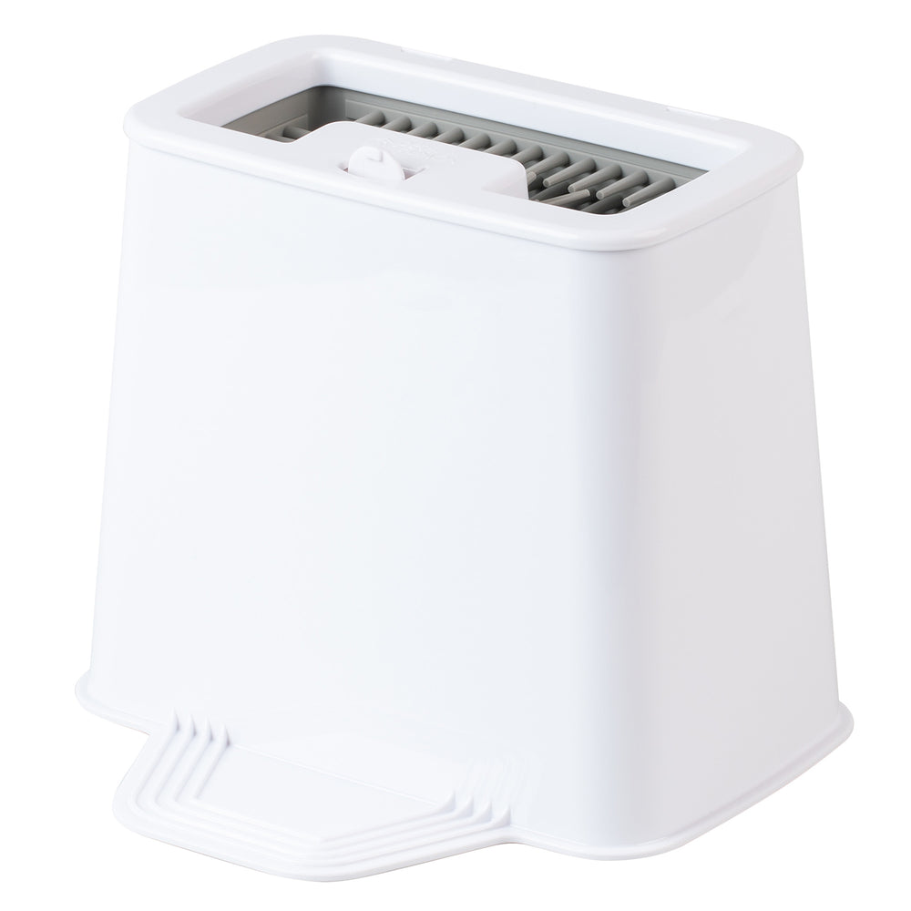 The PetFusion 2-in-1 Universal Litter Scoop Holder by PetFusion is a white, rectangular plastic container with a vented top and ridged foot panel. Its waterproof, hypoallergenic silicone design ensures durability and easy cleaning or storage.