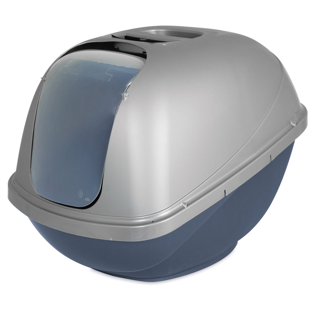 The Petmate Basic Hooded Cat Litter Pan by Petmate is a grey, oval-shaped design with a transparent front flap and top handle. Its darker grey base creates a chic two-tone look, complete with an odor-absorbing filter for easy cleaning and freshness.