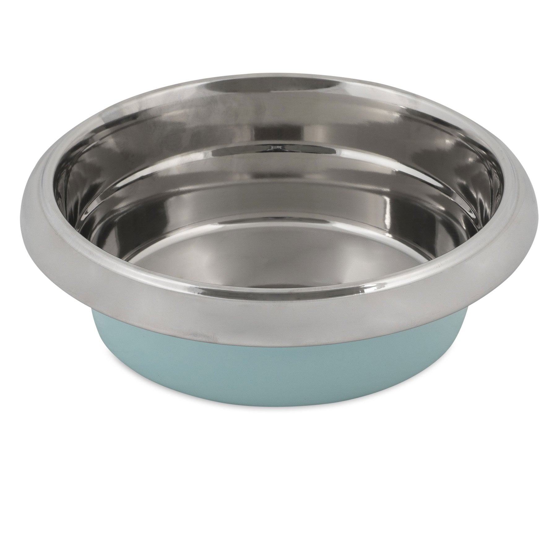 The Petmate Easy Grip Stainless Steel Pet Bowl features a reflective finish and turquoise non-skid base to prevent tipping. Elegantly placed empty against a plain white background, it mirrors light brilliantly and stays securely in place. Brand: Petmate.