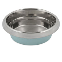 The Petmate Easy Grip Stainless Steel Pet Bowl features a reflective finish and turquoise non-skid base to prevent tipping. Elegantly placed empty against a plain white background, it mirrors light brilliantly and stays securely in place. Brand: Petmate.