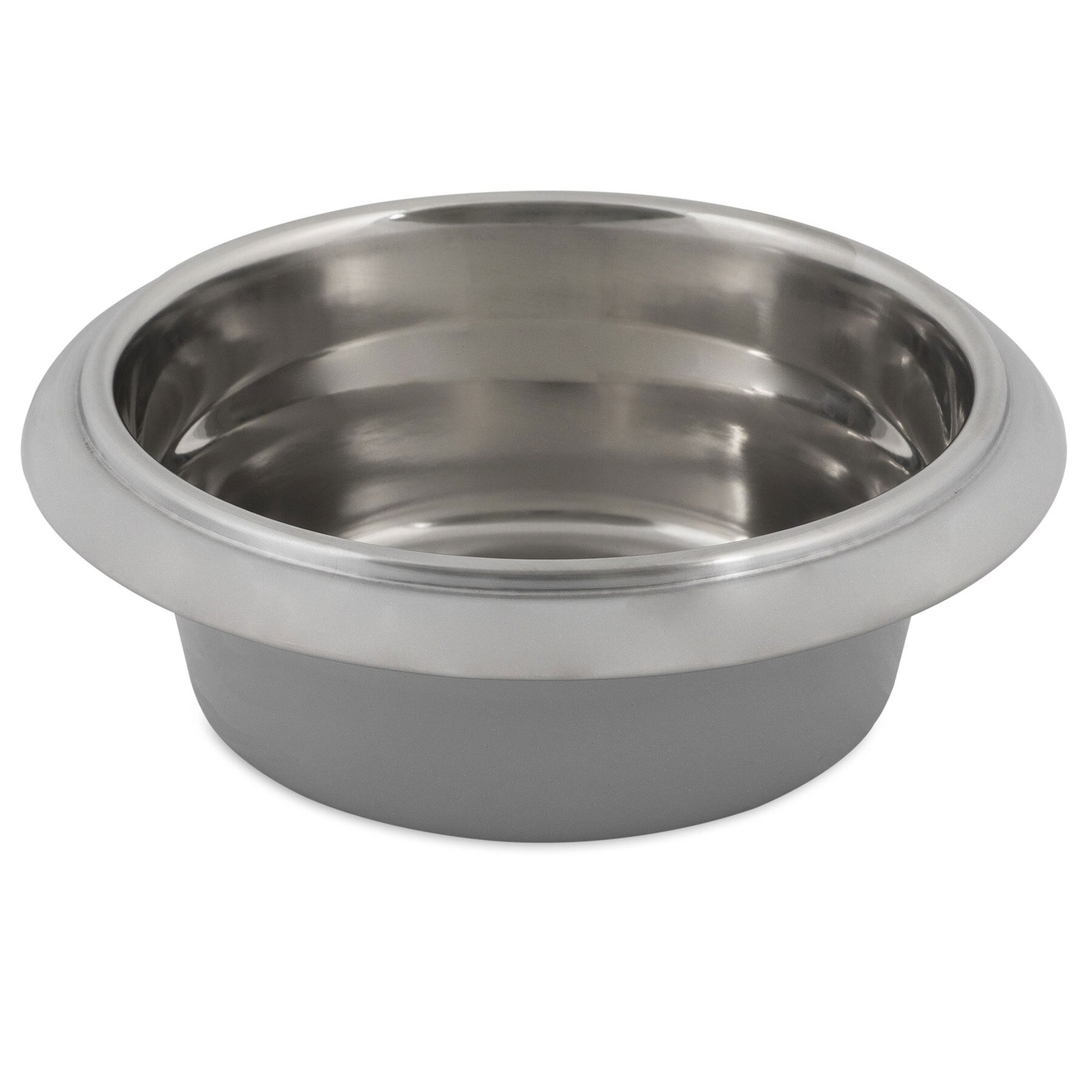 This stainless steel saucepan boasts a wide, shallow design with a polished finish and smooth rim that echoes the craftsmanship of Petmates Easy Grip Stainless Steel Pet Bowl, known for its shiny, reflective surface.