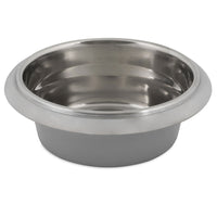 This stainless steel saucepan boasts a wide, shallow design with a polished finish and smooth rim that echoes the craftsmanship of Petmates Easy Grip Stainless Steel Pet Bowl, known for its shiny, reflective surface.